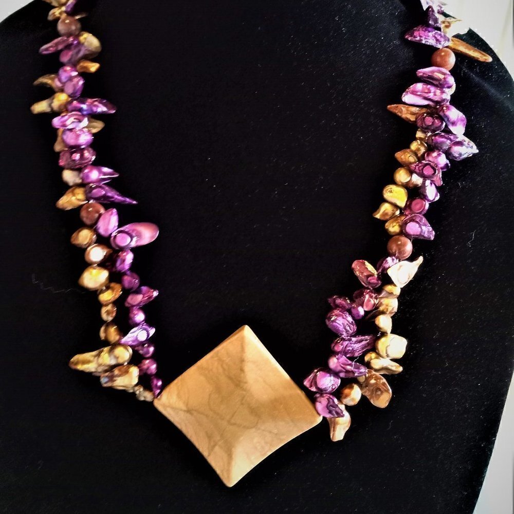 Vintage Purple Bronze Shell Bead Necklace with Pendant